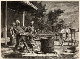 Três camponeses a operar o moinho de arroz. Gravura para ilustrar a viagem ao Japão em 1863-1864, de Aime Humbert, ministro da Confederação Suíça, no "Le tour du monde, nouveau journal des voyages", publicado sob a direção de Edouard Charton