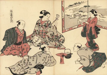 Três samurais ouvem uma cortesã tocar o shamisen, enquanto um kamuro traz comida numa bandeja. Impressão em bloco de madeira de Masanobu Okumura (1686-1764) de Fuzoku Emakimono, Pergaminho da Água, Tóquio, reimpressão por volta de 1880.