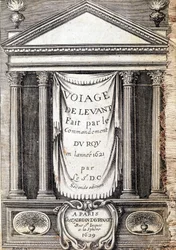 Página de título da "Voyage de levant made by the command of the king in the year 1621", editada em 1629 (sob o reinado de Luís XIII Le Juste)