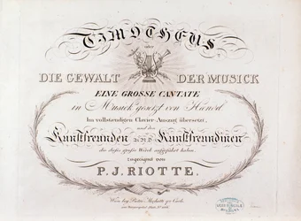 Página de título da partitura musical de Timotheus por G F Handel (1812)