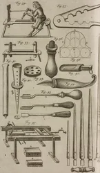 Ferramentas para a produção e carregamento de foguetes, gravura de Grand Art d