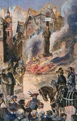Tortura de Michel Servet em Genebra (Michael Servetus) (Michel de Villeneuve), médico e teólogo espanhol (1511-1553) - A tortura de Michel Servet (Miguel Serveto) (1511-1553) em Genebra, médico e teólogo espanhol, gravura