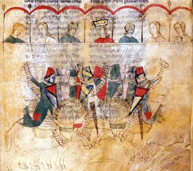 Cena de torneio segundo o manuscrito «Lancelot du Lac», século XIII. Biblioteca Nazionale Marciana, Veneza.