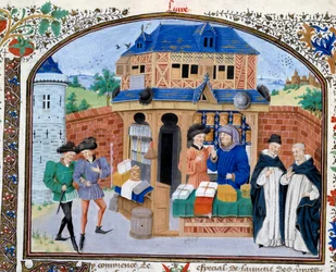 Comércio: uma loja de comércio. Miniatura do manuscrito "Comentário sobre Ética" do filósofo grego Aristóteles (383-322 AC) traduzido por Nicolas Oresme (1325-1382)