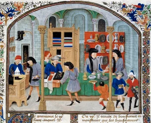 Cenário comercial: comerciantes em uma loja apresentam louça de mesa e prataria para seus clientes. Miniatura retirada de uma edição de "Ética, Política e Economia" do filósofo grego Aristóteles (384-322 a.C.)
