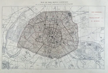 Transformações de Paris sob o Segundo Império, Haussmann Paris. Plano de Paris desde a anexação com a sua divisão em 20 arrondissements, em conformidade com a lei de 16 de Junho de 1859 - no "Atlas administratifs des arrondissements de la Ville de Paris".
