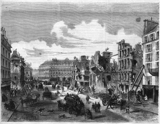 Transformações de Paris sob o Segundo Império, Paris Haussmann (Boulevard, obras de Haussmann): demolição da Rue de la Paix para a abertura da Rue Reaumur. Gravura em "O Universo Ilustre".