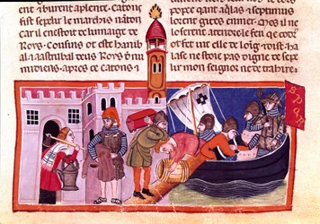 Transporte de mercadorias e produtos alimentares por via navegável interior. Miniatura de um códice francês em pergaminho "The Facts of Romans" contando a história antiga até Jules Cesar (101 AC-44 AC). Século XIII Veneza, biblioteca Marciana