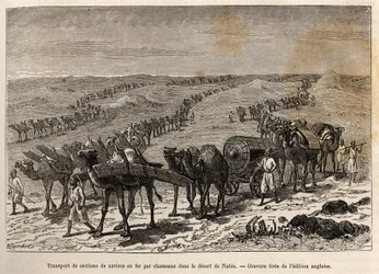 Transporte de secções de navio de ferro por camelos, no deserto da Núbia (Sudão), gravura que ilustra uma expedição armada na África Central para a supressão do tráfico de escravos