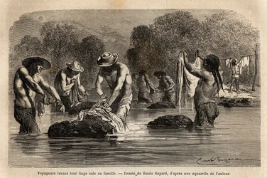 Viajantes lavando sua roupa suja no rio, junto com peões bolivianos, nas proximidades de Maniri (Baixo Peru). Engravure pour illustrrer le voyage dans les vallees de Quinquinas, de Paul Marcoy, em 1849-1861, publicado em "Le tour du monde" 18