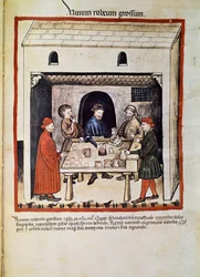 Trate um médico: "Red wine, group of men in a tavern drinking wine" Página retirada de "Tacuinum sanitatis" (Cod. ser. nov. 2644) Cerca de 1400 Vienna, Osterreischische Nationalbibliothek