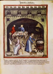 Tratar um medicamento: "cozinhar o intestino e as entranhas dos animais". Página retirada de "Tacuinum sanitatis" (Cod. ser. nov. 2644) Por volta de 1400 Viena, Osterreischische Nationalbibliothek