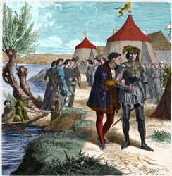 Tratado de Conflitos em 5/10/1465 entre o Rei da França Luís XI e Carlos de Charolais (mais tarde Carlos o Temerário) pondo fim à revolta dos nobres ou Liga do Bem Público. Gravura em "Histoire De France En Cent Paintings de Paul Lehugeur "1891.