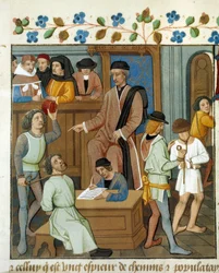 Cena do julgamento: o juiz interroga um condenado com uma corda no pescoço. Miniatura de um manuscrito. Paris do século XV, B.N.