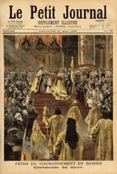 O czar Nicolau II (1868-1918), na Catedral da Assunção (Moscou), coroa sua esposa, Alexandra Fedorovna (1872-1918). Gravura no "Le petit journal" 31/05/1896. A coleção de Selva.