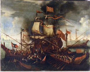As galés turcas aproximam-se de um navio veneziano. Pintura do século XVII.
