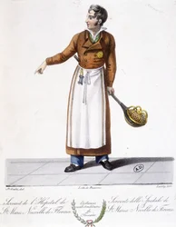 Fato da Toscana: Enfermeira. Servindo desde o Hospital de Santa Maria Novella em Florença. Gravura do século XIX.