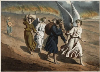 Dois anjos guiam Lot e as suas filhas, que devem deixar a cidade de Sodoma, destruída por Deus tal como Gomorra. A mulher de Lot, que regressa à cidade apesar da proibição, será petrificada como uma estátua de sal. Gravura anónima de meados do