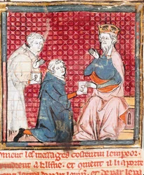 Dois mensageiros anunciam em Carlos Magno (742-814) a vitória sobre os Sarracenos Miniatura de "Grandes Crônicas da França" 1375-1379 Biblioteca Municipal, Castres