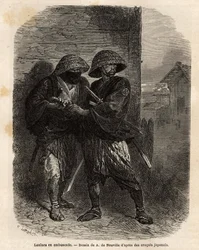 Dois ronins (samurais tendo perdido o seu mestre) de pé numa emboscada. Gravura para ilustrar a viagem ao Japão, em 1863-1864, de Aime Humbert, ministro da Confederação Suíça, no "Le tour du monde, nouveau journal des voyages" publicado sob a direcção