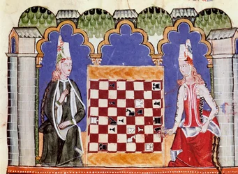 Duas mulheres a jogar xadrez. Miniatura do manuscrito "Libro de los juegos" de Alfonso X o Sábio ou o Sábio (em espanhol, Alfonso X el Sabio