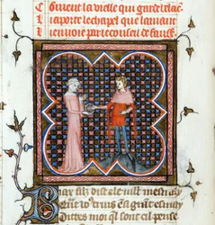 "Um Jovem e uma Mulher Velha" Página iluminada do manuscrito "Le Roman de la Rose" de Guillaume de Lorris (ca. 1200-1238) e Jean de Meun (Meung) (1240-1305) ca. 1353 Suíça Biblioteca Geneve