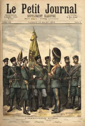Uniformes da infantaria russa, aliados à França, da esquerda para a direita: a guarda de fronteira, o sargento-mor dos guardas, o regimento Pavlowski, o oficial, o oficial superior, o granadeiro do palácio, o uniforme de artilharia e o soldado. Gravação i