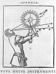 Utilização de um dispositivo para calcular o tempo em relação às estrelas à noite (astrolábio) - Cosmographia de Pietro Apiano, Paris 1551.