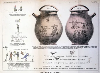 Várias ilustrações e inscrições deixadas por criminosos em vasos de cerâmica: estudo de Cesare Lombroso (1835-1909), criminólogo italiano em "O homem criminoso" (L