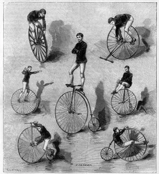Exercícios velocipédicos da American Dan Canary. Gravura em "La Nature: Revue des sciences et de leurs applications aux arts et a l