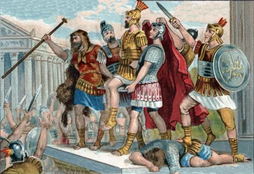 Vespasiano (em latim Titus Flavius Vespasianus) (9-79) foi proclamado imperador pelos seus soldados. Cromolitografia por volta de 1890.