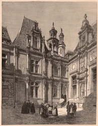 Vista do interior do pátio do Hotel Escoville em Caen em 1860, França