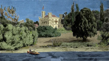 Vista do Castelo de Berg e do Lago Stamberg onde foi encontrado o corpo de Luís II de Baviere (Ludwig II von Bayern ou Ludwig Otto Frederik Wilhelm von Wittelsbach (1845-1886)).