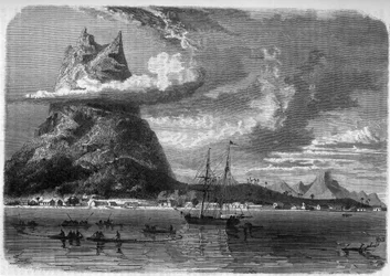 Vista de Bora Bora (Bora-Bora) na Polinésia no final do século XIX no "The Journal of Youth" de 1888.