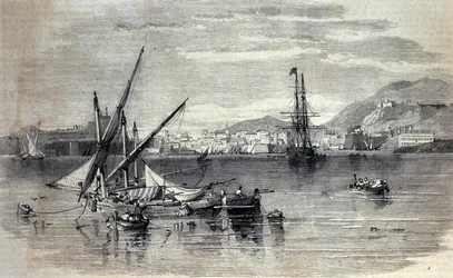 Vista de Corfu na Grécia a partir da ilha de Vido. Gravura do início do século XIX