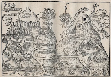 Vista do Monte Sibille (Paraíso da Rainha Sybille) (Mapa duplo do Monte Pilate e do Monte Sibyl) - Antoine de La Sale (La Salle) escritor satírico francês do século XV.
