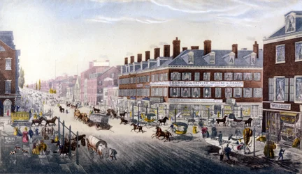 Vista de Nova Iorque: Broadway. Gravura a partir de 1840.