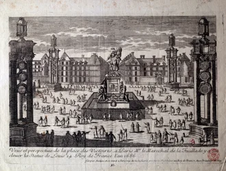 Vista da Place des Victoires em Paris com a estátua de Luís XIV levantada pelo marechal de la Feuillade em 1686. Gravura da Paris do século XVII, Musee Carnavalet