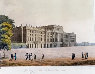 Vista do Palácio Schonbrunn (Schoenbrunn) em Viena, Áustria. Gravura a partir de 1826 Colecção privada