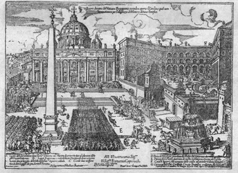 Vista da Praça de São Pedro durante um Conclave para a eleição de um novo Papa: a multidão saqueou a praça: era uma tradição: a multidão concorreu, no momento do anúncio da eleição do novo Papa, à casa do Cardeal eleito e ao ransac
