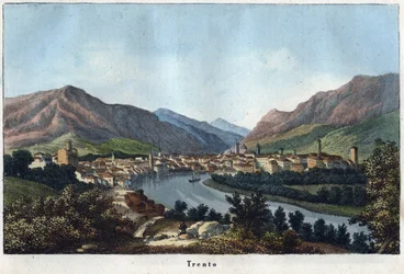 Vista de Trento (Tirol do Sul, Itália) (Trento) - século XIX - gravura de «Usi e Costumi di Tutti i Popoli dell