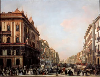 Vista da rua Venezia com carro alegórico de carnaval, Milão (pintura