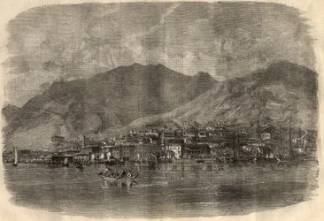 Vista da cidade de Victoria em Hong Kong. Gravação em "The Illustrated London News" de 14 de março
