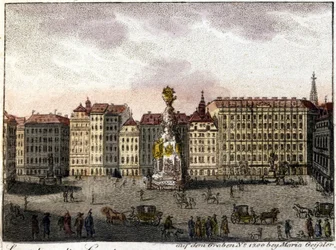Vista de Viena e da Praça Graben (oca) que leva seu nome da vala cavada pelos romanos para defender a cidade. Litografia da metade do século XIX.