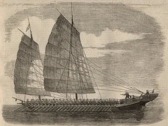 Vista de um navio pirata chinês em Cantão. Gravação no "The Illustrated London News" de 31 de Janeiro