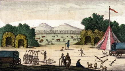 Vista de um campo holandês (de Pioneers Boers ou Voortrekkers, Afrikaners) em Pampoen Kraal (Pampoen-Kraal), Província do Cabo, África do Sul. 1860