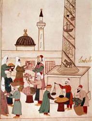 Vista de um bazar em Constantinopla. Miniatura retirada de um manuscrito de Cicogna do século XIX (1828) após um original do século XVII (1671). Veneza, Biblioteca Marciana