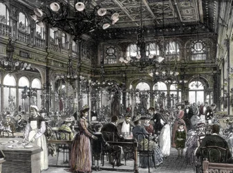Vista de um dos restaurantes (bouillon), restaurante barato de trabalhadores, fundado por Alexandre Duval em Paris 1880 - 1885. Século XIX (gravura)