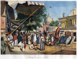 Vista da cidade de Nova Deli perto do Mosquee Juma Masjid, Índia em 1857 em "The Illustrated London News" (28 de Novembro de 1857).