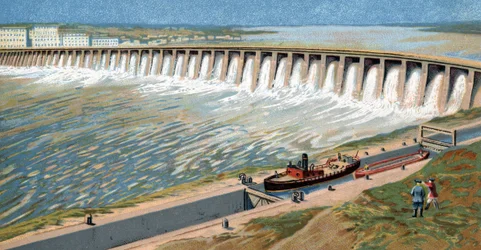 Vista da central hidroelétrica de Dnieper ou barragem de Dneprostroi, construída para estimular a industrialização soviética por Iosef Stalin em 1932 Cromolitografia